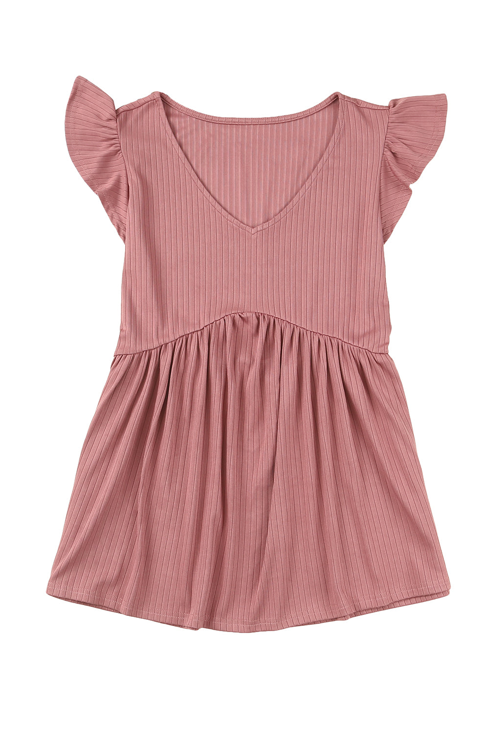 Ribbed Flounce Sleeve V Neck Babydoll Top
