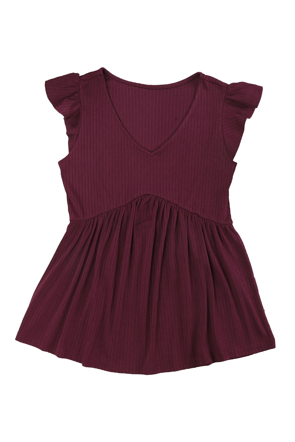 Ribbed Flounce Sleeve V Neck Babydoll Top