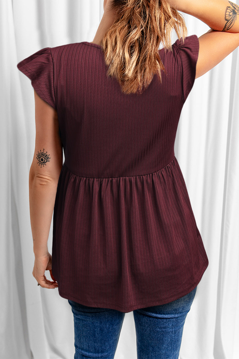 Ribbed Flounce Sleeve V Neck Babydoll Top