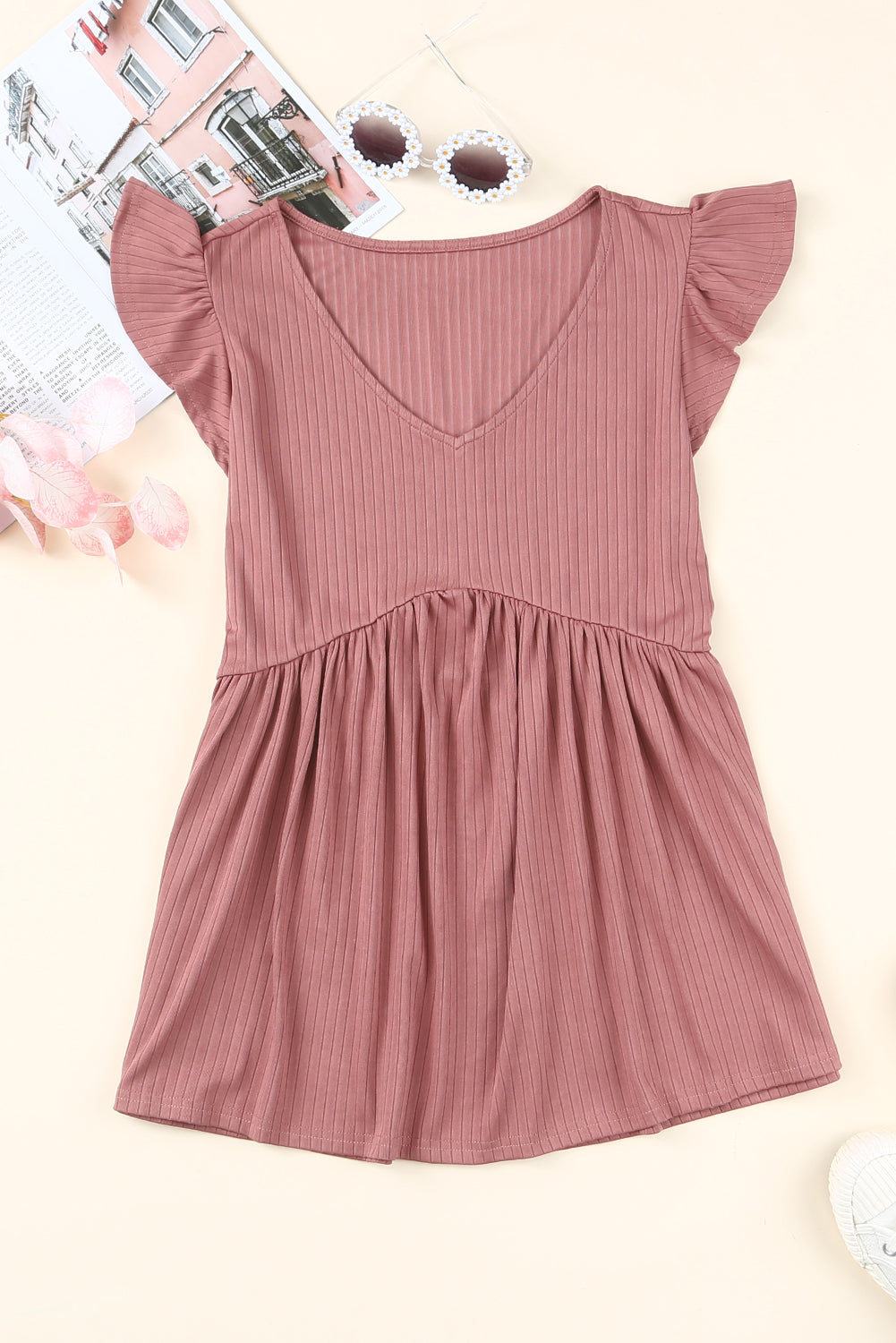Ribbed Flounce Sleeve V Neck Babydoll Top