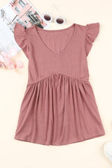 Ribbed Flounce Sleeve V Neck Babydoll Top