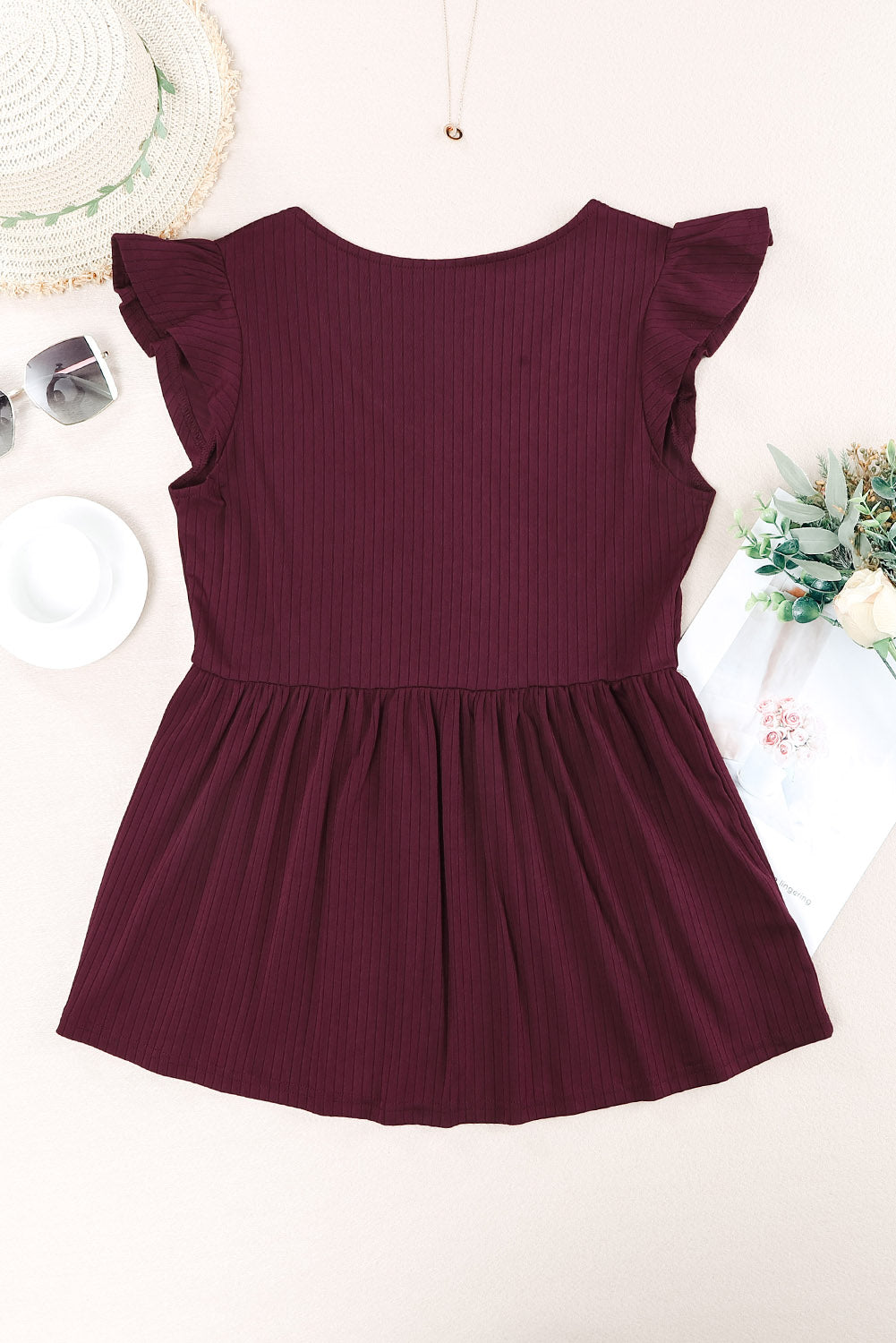 Ribbed Flounce Sleeve V Neck Babydoll Top