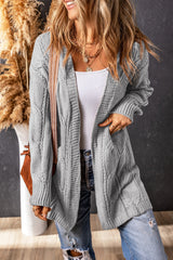 Ribbed Trim Eyelet Cable Knit Cardigan