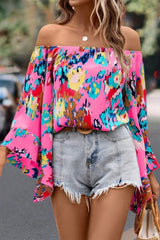 Rose Abstract Floral Print Off-shoulder Bell Sleeve Blouse