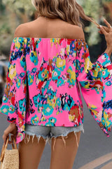 Rose Abstract Floral Print Off-shoulder Bell Sleeve Blouse