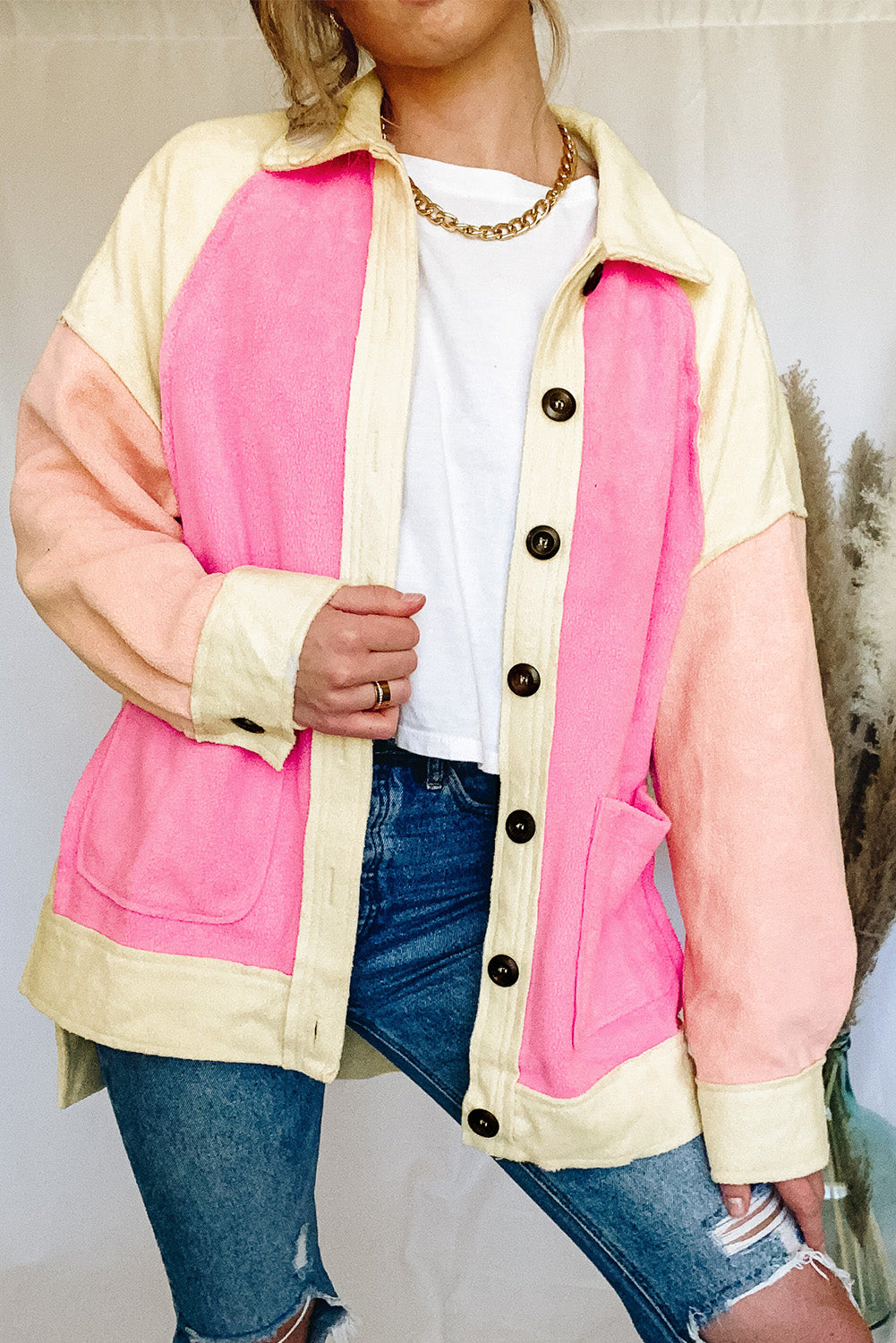 Rose Color Block Patchwork High Low Fleece Shacket