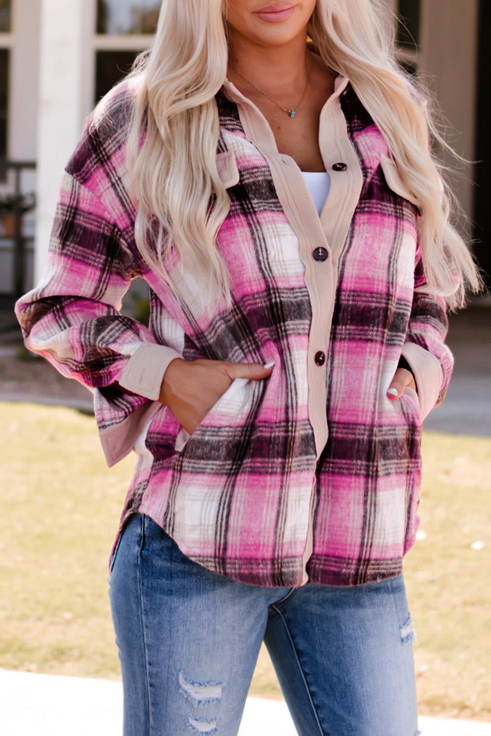 Rose Contrast Trim Plaid Shacket