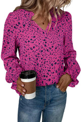 Rose Floral Print Split Neck Long Sleeve Blouse