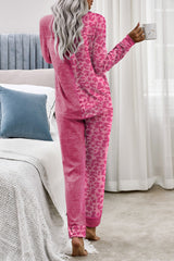 Rose Leopard Contrast Pocket Long Pajama Set