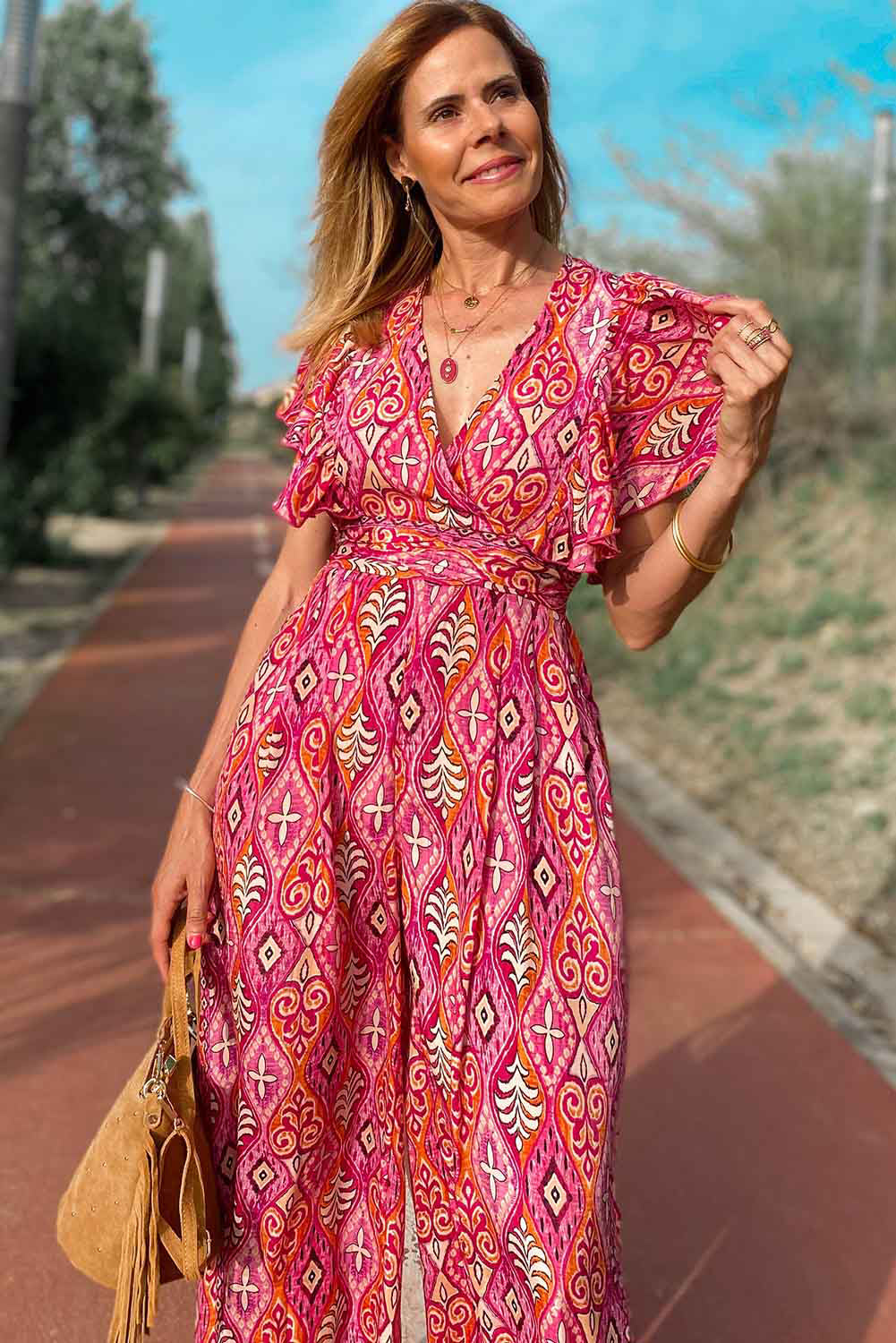 Rose Printed V Neck Button Open Back Wide Leg Jumpsuit