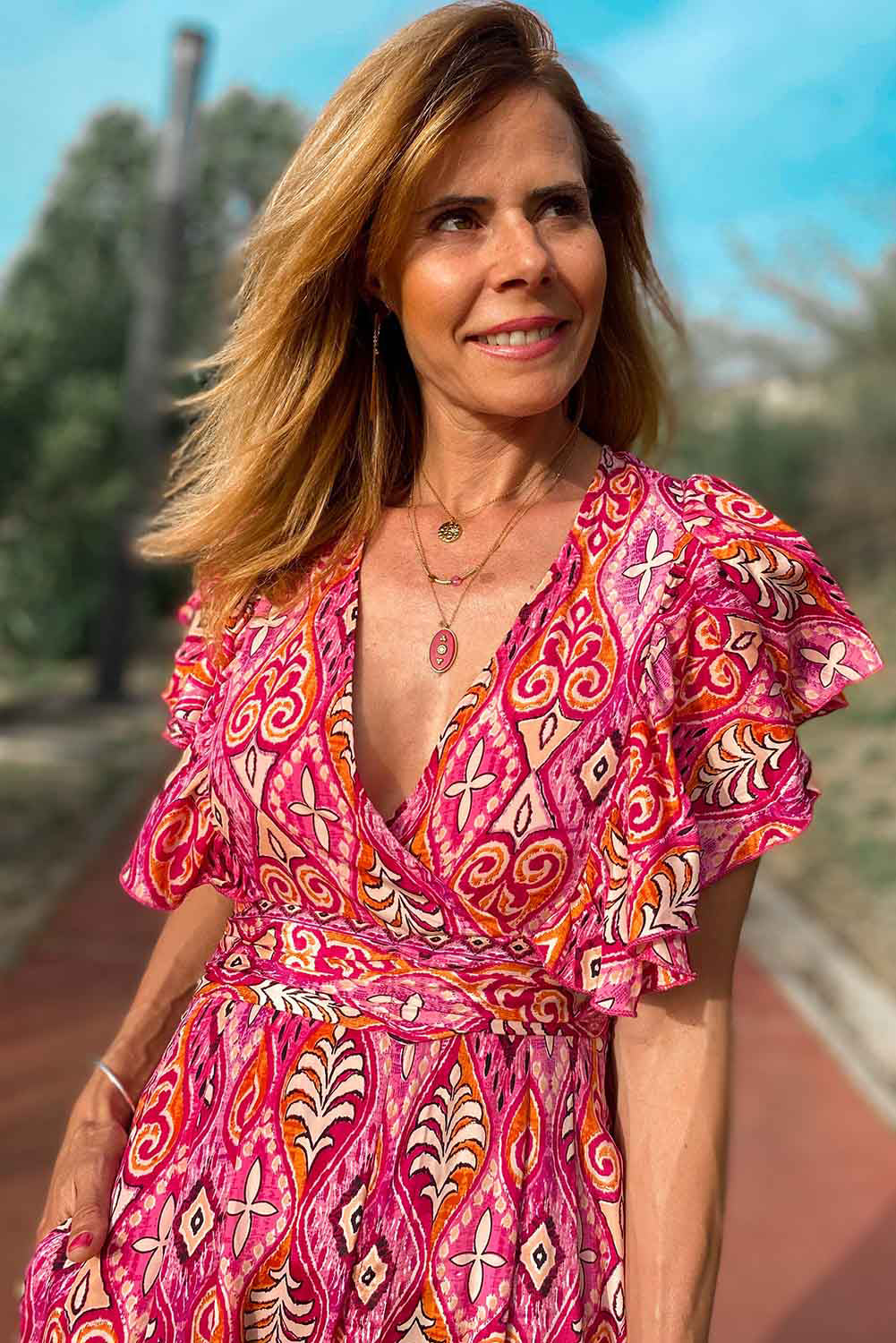 Rose Printed V Neck Button Open Back Wide Leg Jumpsuit