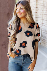 Ruched Short Sleeve Leopard Print Blouse