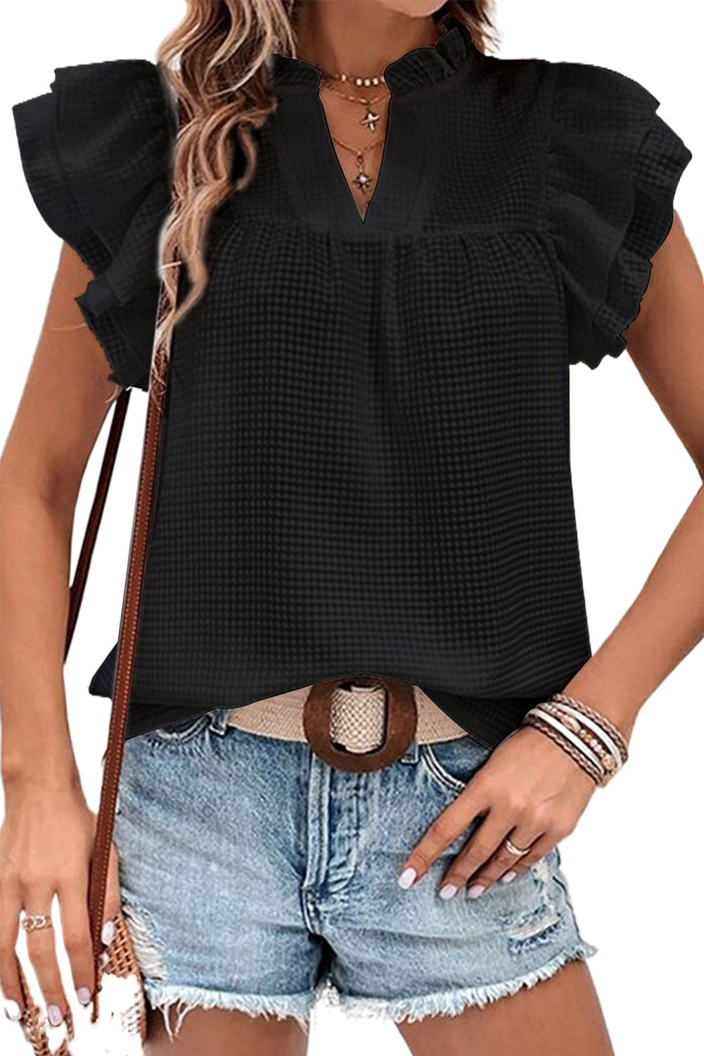 Ruffle Accent Flutter Sleeve Notch Neck Top