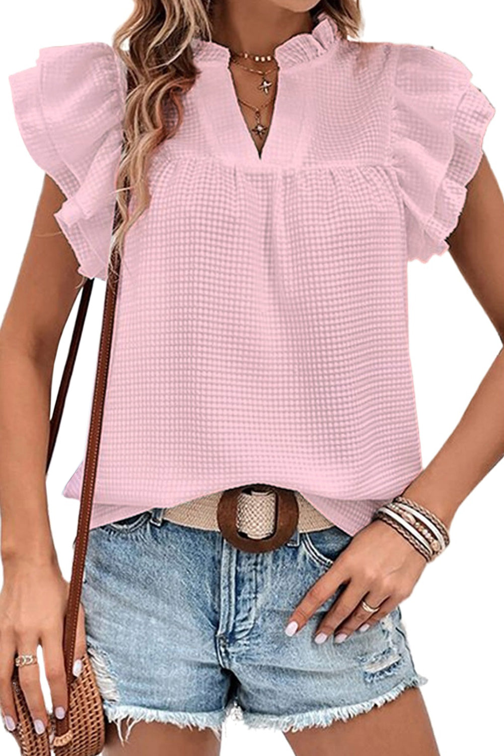 Ruffle Accent Flutter Sleeve Notch Neck Top