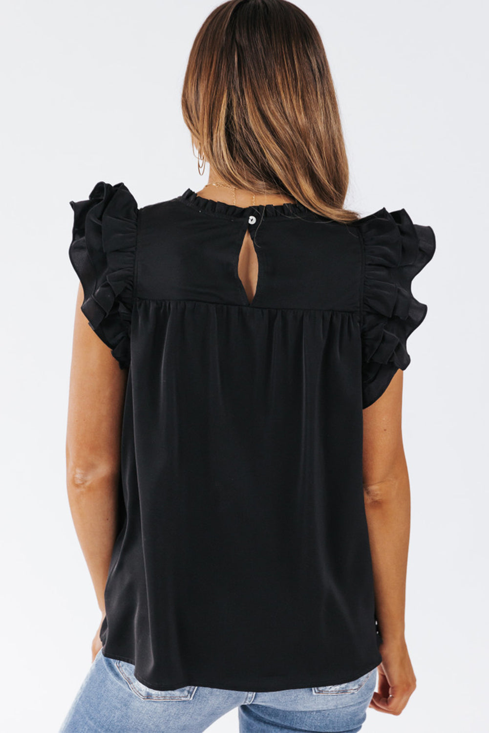 Ruffle Sleeve Pleated Yoke Loose Top