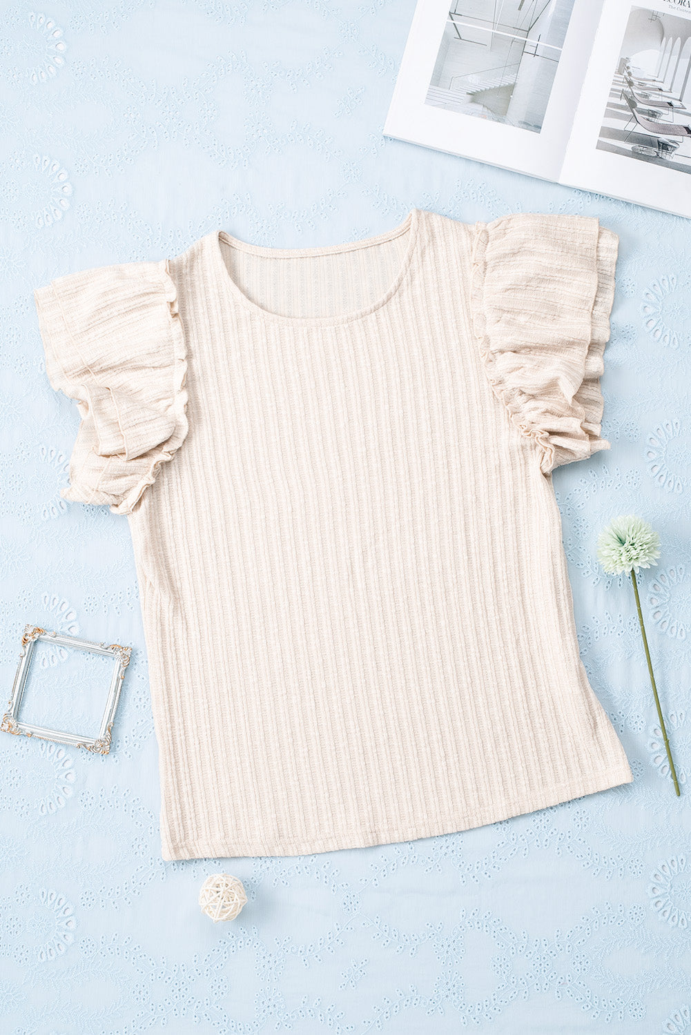 Ruffled Rib Knitted Short Sleeve T Shirt