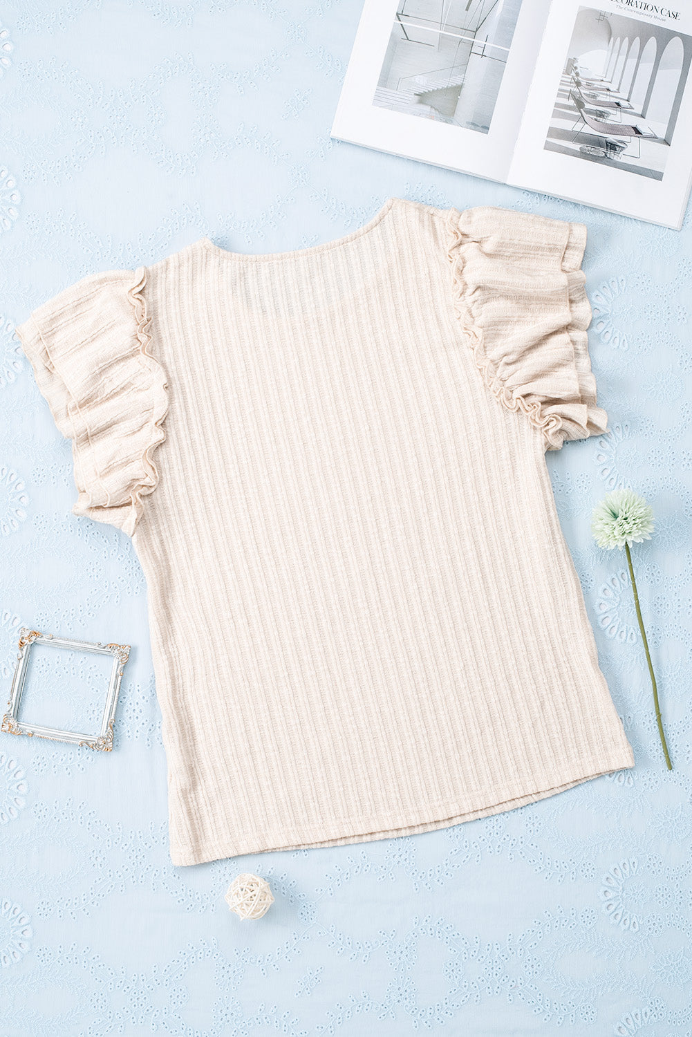 Ruffled Rib Knitted Short Sleeve T Shirt