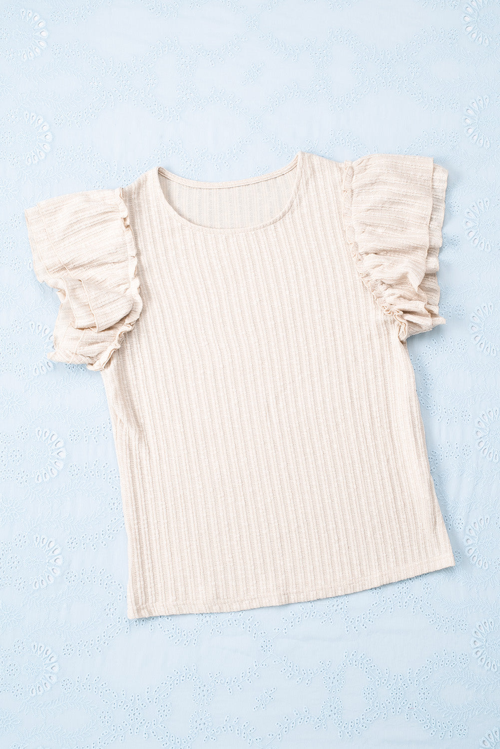 Ruffled Rib Knitted Short Sleeve T Shirt