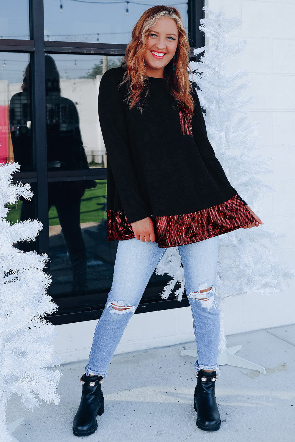 Sequin Patch Pocket Ruffle Hem Top