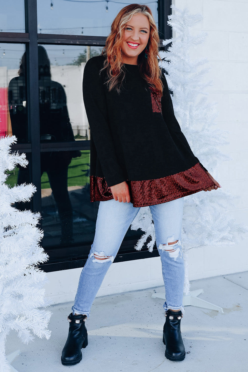 Sequin Patch Pocket Ruffle Hem Top
