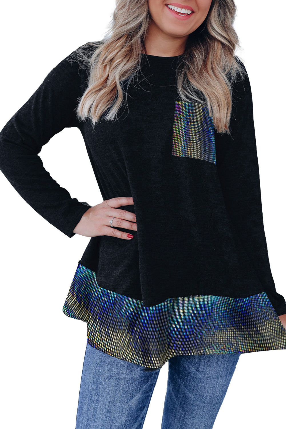 Sequin Patch Pocket Ruffle Hem Top