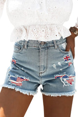Sky Blue American Flag Patchwork Raw Hem Denim Shorts