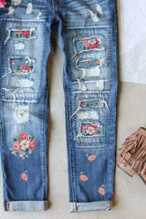 Sky Blue Floral Print Contrast Distressed Mid Waist Jeans
