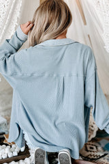 Sky Blue Waffle Knit Pocketed Button-Up Shacket