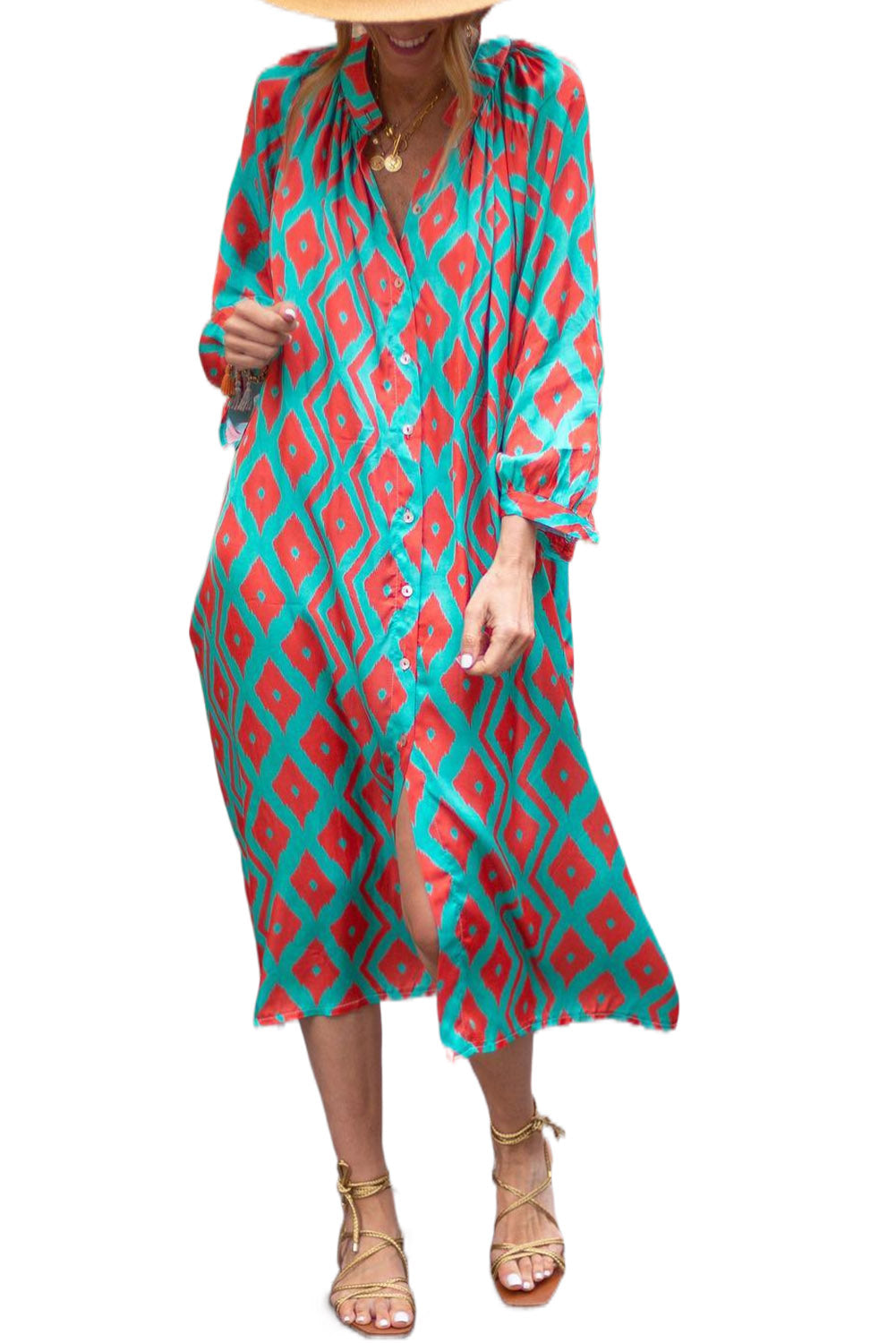 Sky Blue Western Geometric Print Split Buttoned Shirt Dress