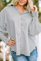 Smocked Cuffed Striped Boyfriend Shirt With Pocket