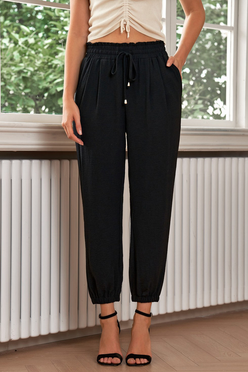 Solid Color Drawstring Smocked Waist Joggers