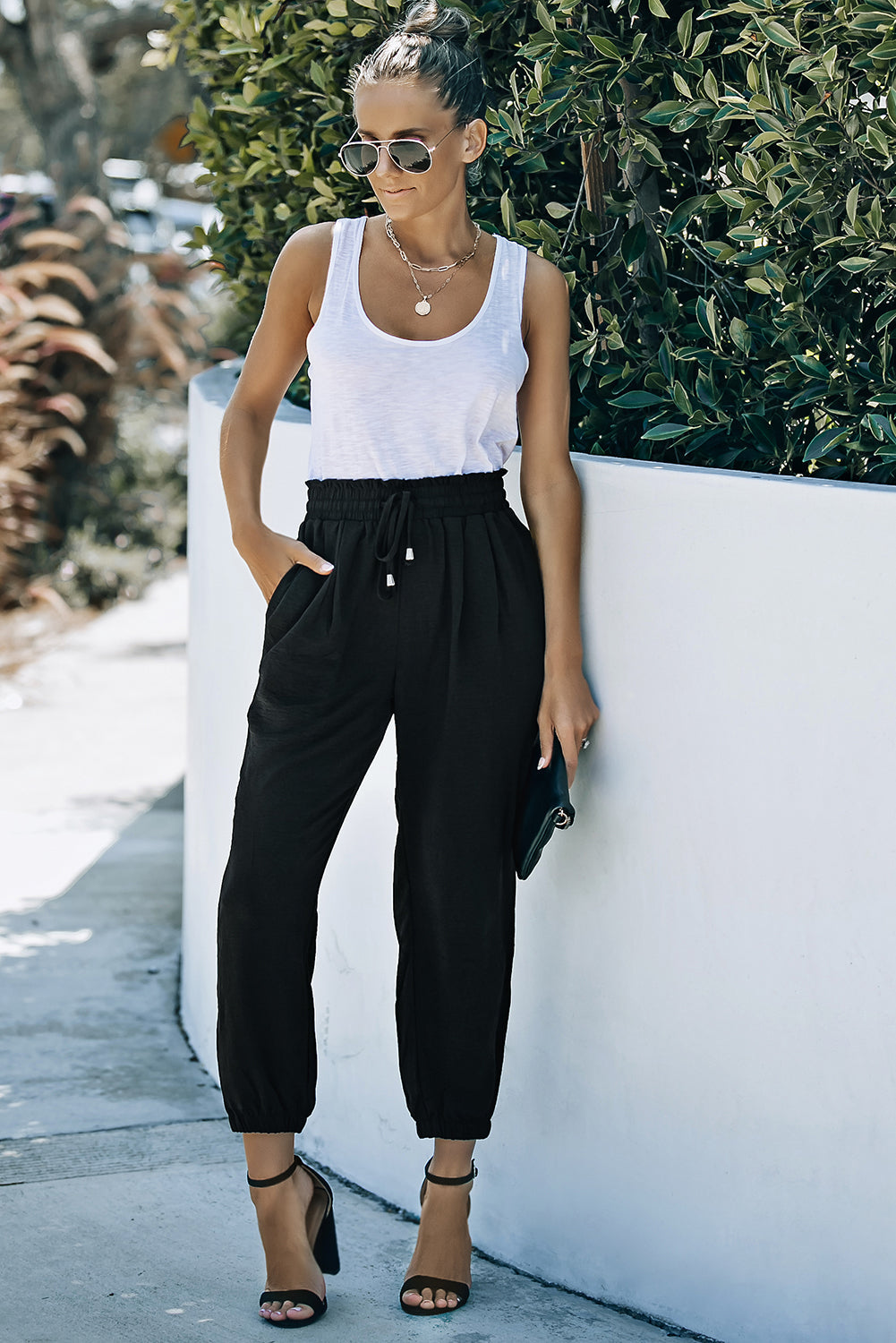 Solid Color Drawstring Smocked Waist Joggers
