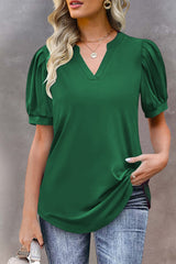 Solid Color Pleated Puff Short Sleeve Top