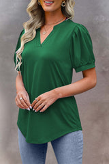 Solid Color Pleated Puff Short Sleeve Top