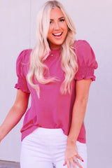 Solid Color Smocked Puff Sleeve Blouse