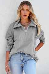 Solid Color Zip Collar Sweatshirt With Pockets
