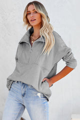 Solid Color Zip Collar Sweatshirt With Pockets