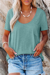 Solid Pocket Front Scoop Neck Short Sleeve T-Shirt