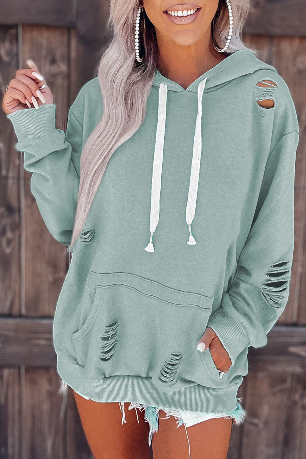 Solid Ripped Hooded Sweatshirt With Kangaroo Pocket