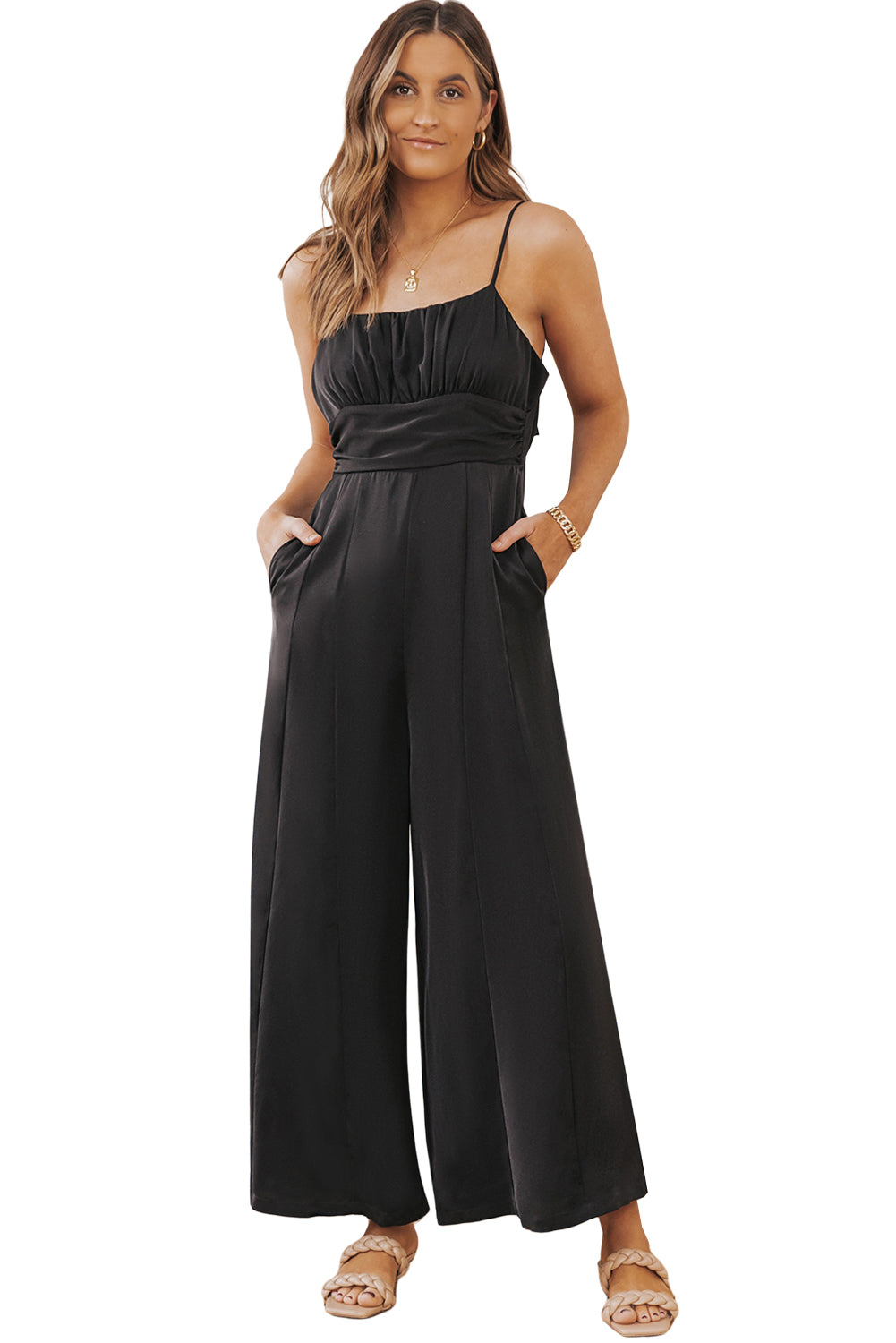 Spaghetti Straps Backless Knot Wide-Leg Jumpsuit