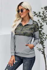 Splice Gray Kangaroo Pocket Zip Collar Sweatshirt