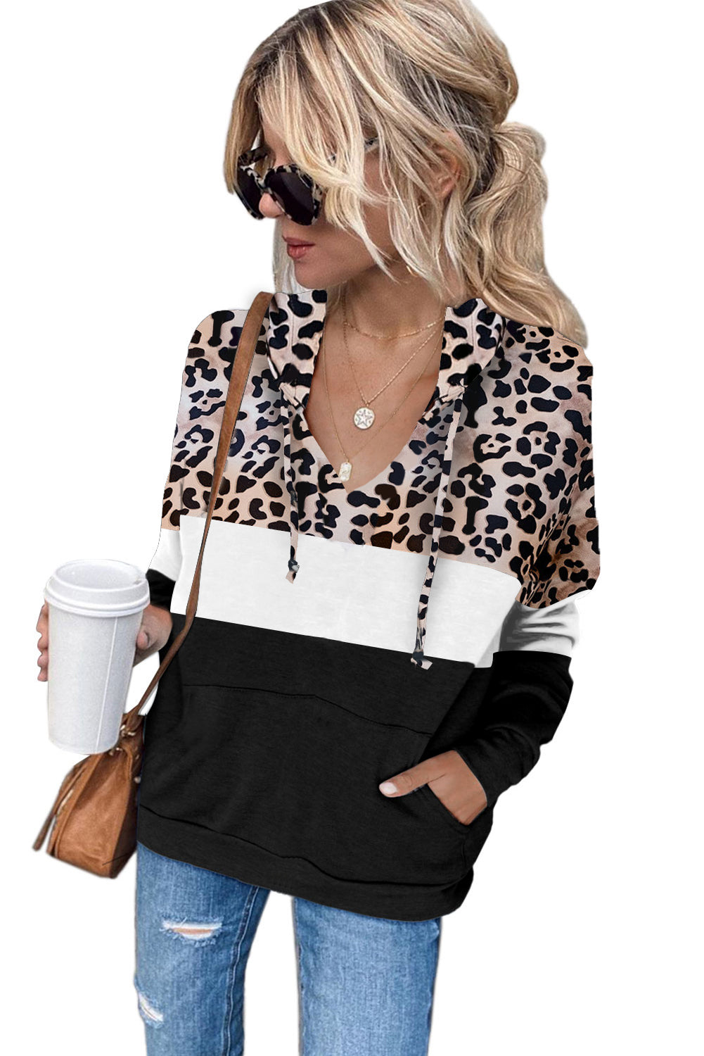 Splicing Kangaroo Pocket Drawstring Hoodie