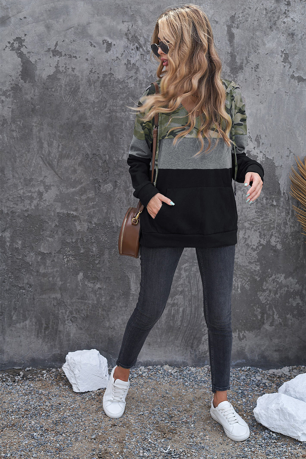 Splicing Kangaroo Pocket Drawstring Hoodie