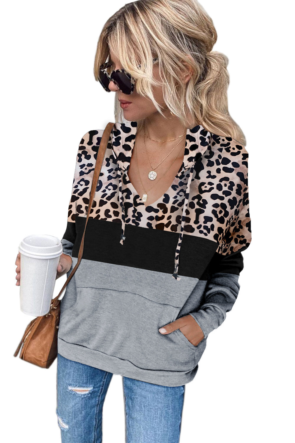 Splicing Kangaroo Pocket Drawstring Hoodie