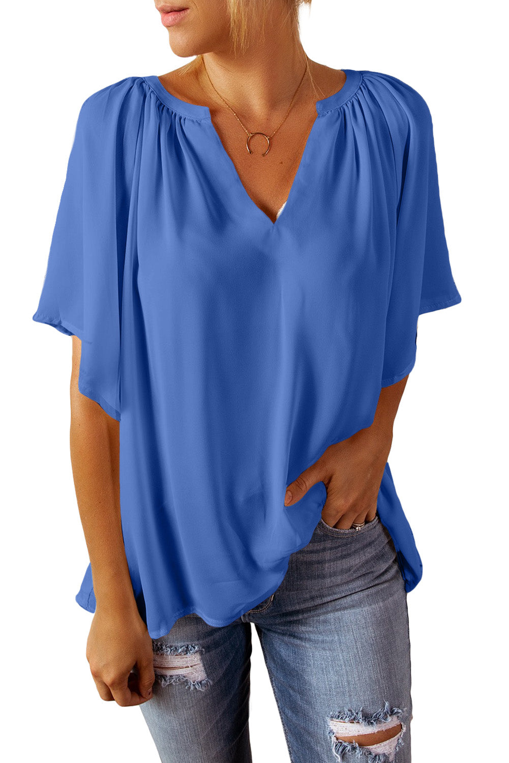 Split Neck Pleated Loose Blouse