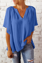 Split Neck Pleated Loose Blouse