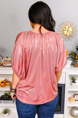 Split V Neck Metallic Short Sleeve Top