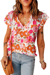 Split V Neck Ruffle Sleeve Floral Blouse