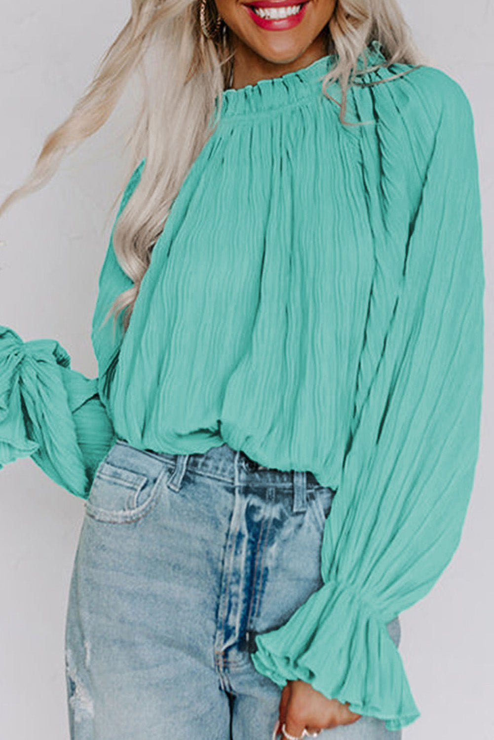 Striking Pleated Flared Cuff Long Sleeve Blouse