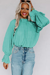 Striking Pleated Flared Cuff Long Sleeve Blouse